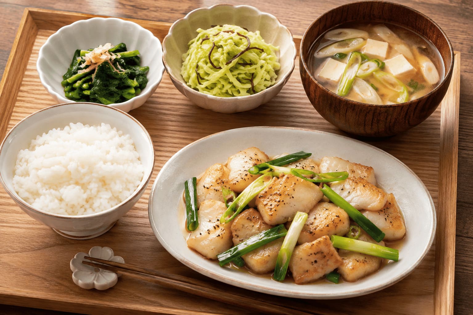 タラと長ネギのバタぽん炒めに、ほうれん草のおひたし、キャベツの塩昆布和え、豆腐と長ネギの味噌汁、ご飯を合わせた献立