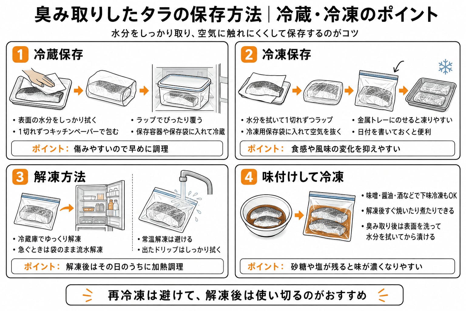 臭み取りしたタラの冷蔵保存、冷凍保存、解凍方法、下味冷凍の手順とポイントをまとめた図解