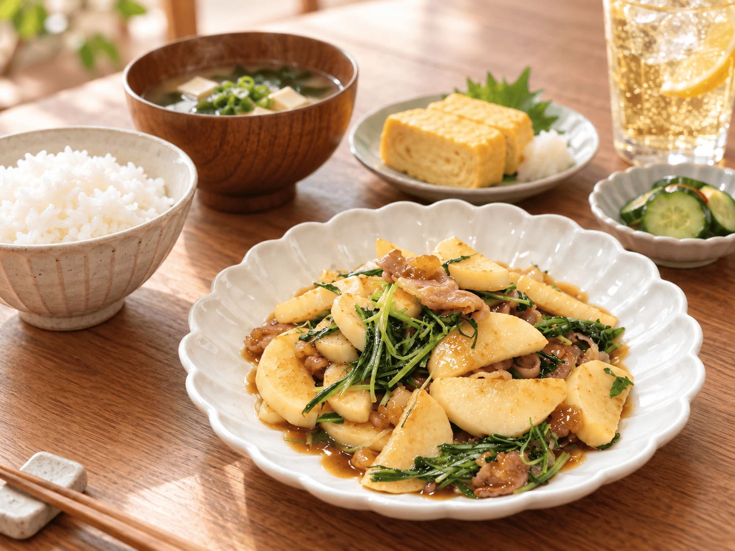 豚肉と長芋と水菜のポン酢炒めに白ご飯と味噌汁を合わせた献立
