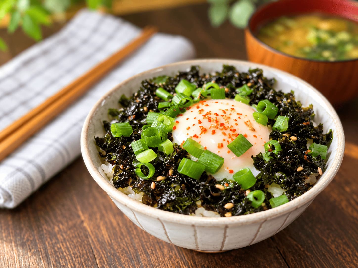 韓国海苔フレークと温泉卵、小ネギをのせた韓国のり玉丼