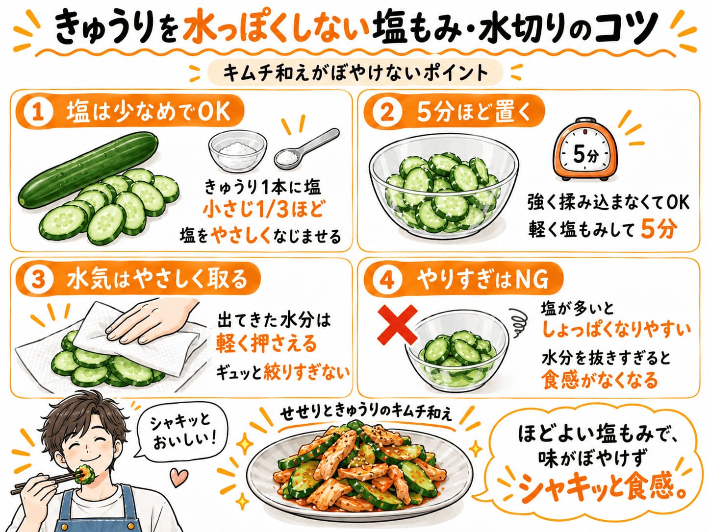 きゅうり1本に塩小さじ1/3をなじませ5分置き、軽く水気を取る塩もみ方法
