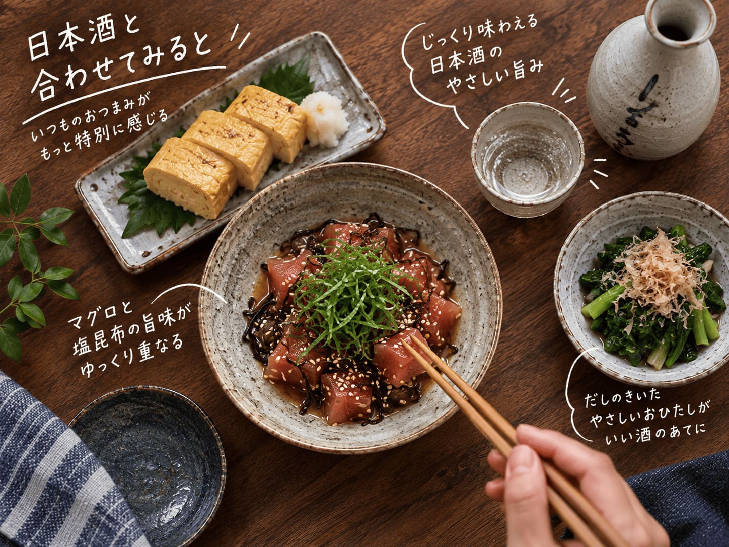 マグロの塩昆布和えと日本酒を一緒に楽しむ和風の晩酌風景