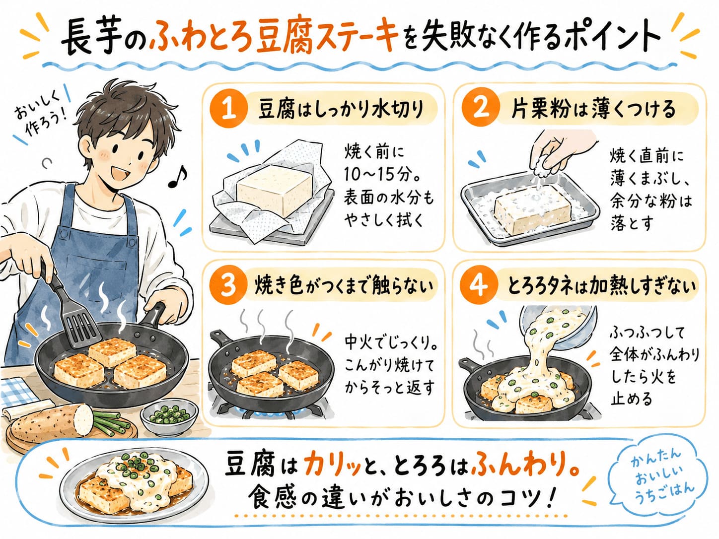 長芋のふわとろ豆腐ステーキを失敗なく作るための、水切り・片栗粉・焼き加減・加熱時間のポイント