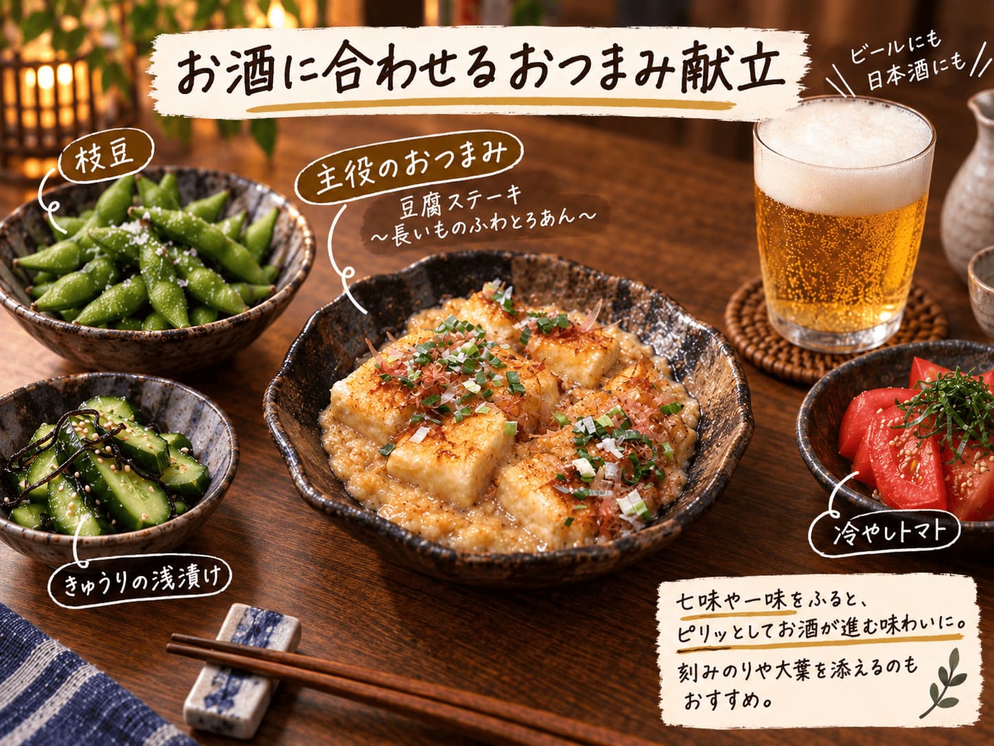 長芋のふわとろ豆腐ステーキに、枝豆、きゅうりの浅漬け、冷やしトマト、ビールと日本酒を合わせたおつまみ献立の画像