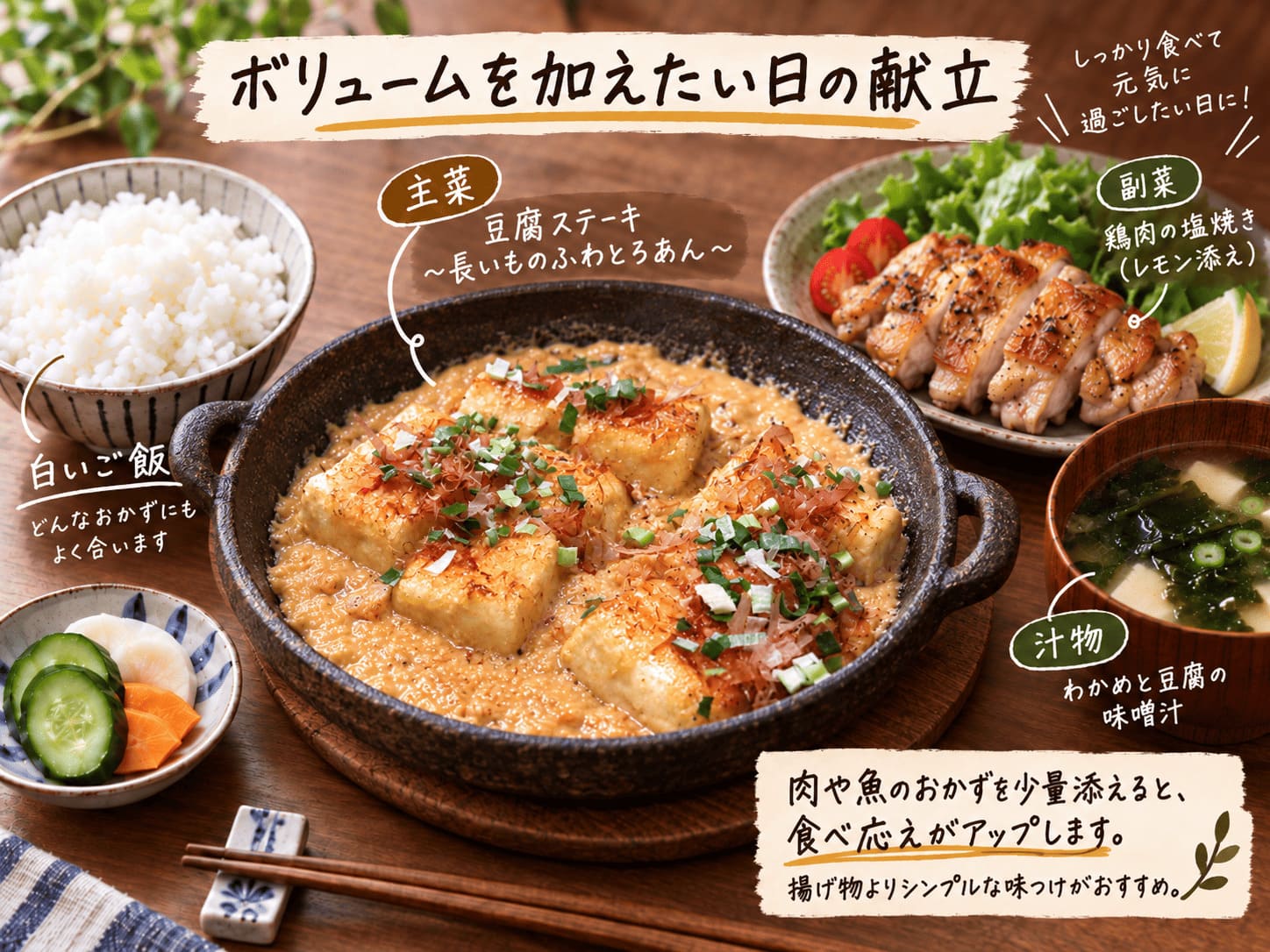 長芋のふわとろ豆腐ステーキに、ご飯、味噌汁、豚肉のおかず、青菜の副菜を添えた食べ応えのある献立の画像