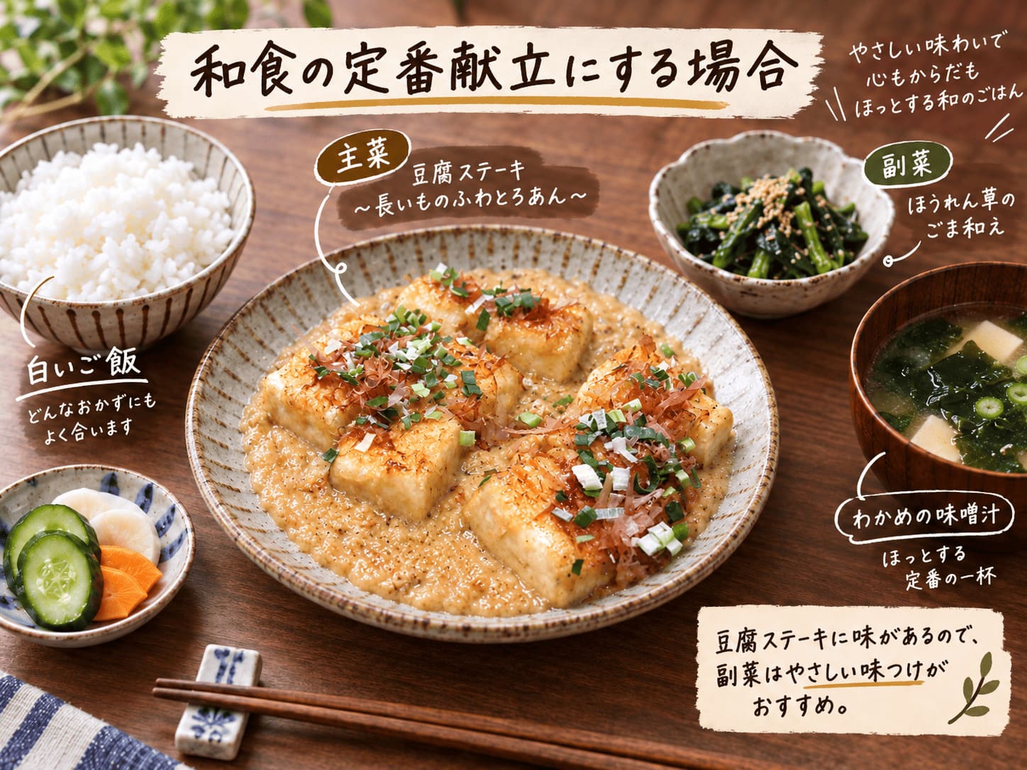 長芋のふわとろ豆腐ステーキに白ご飯、ほうれん草のごま和え、わかめと豆腐の味噌汁を合わせた和食献立の画像