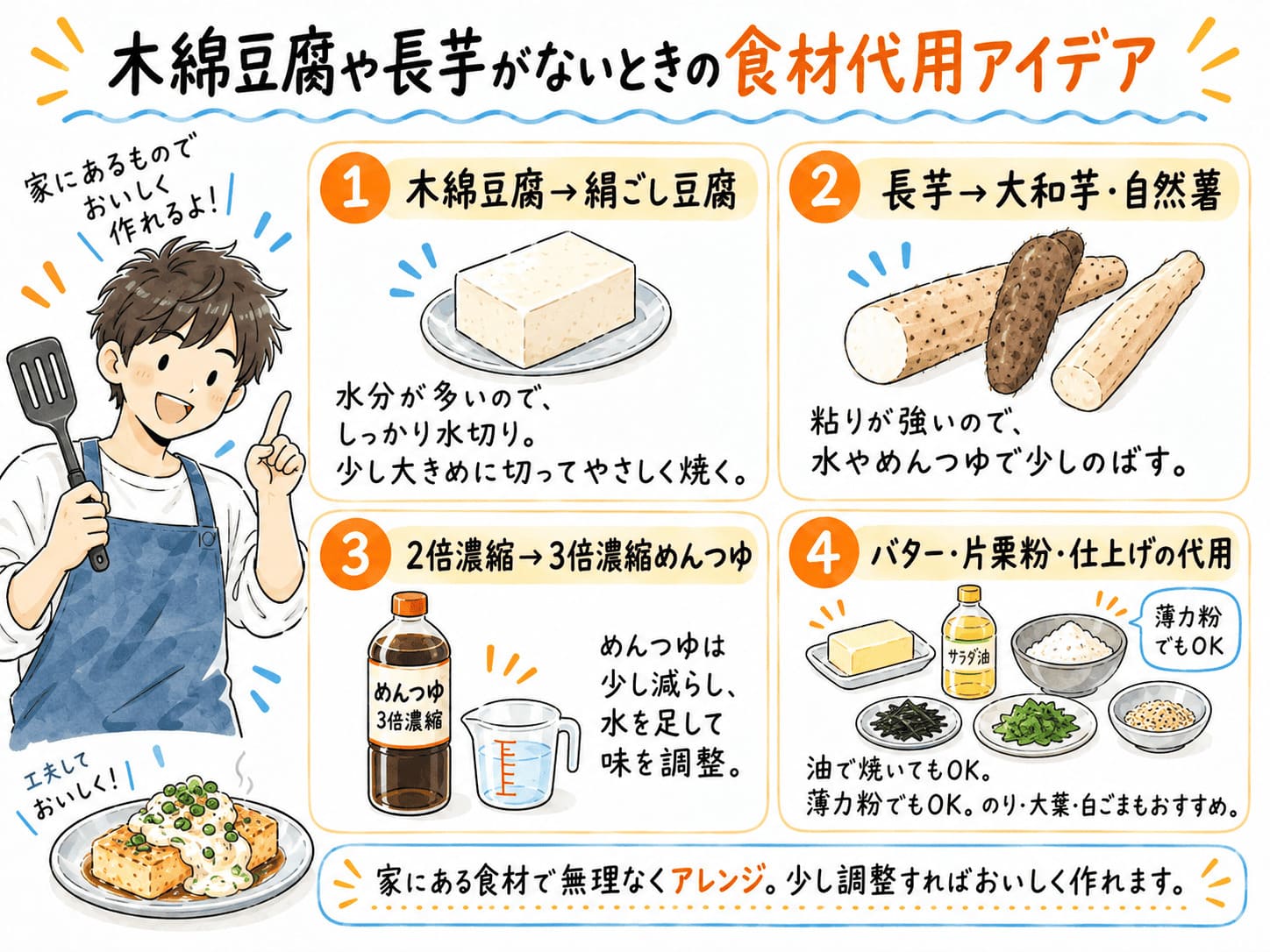 木綿豆腐・長芋・めんつゆ・バター・片栗粉・薬味の代用食材をまとめた一覧