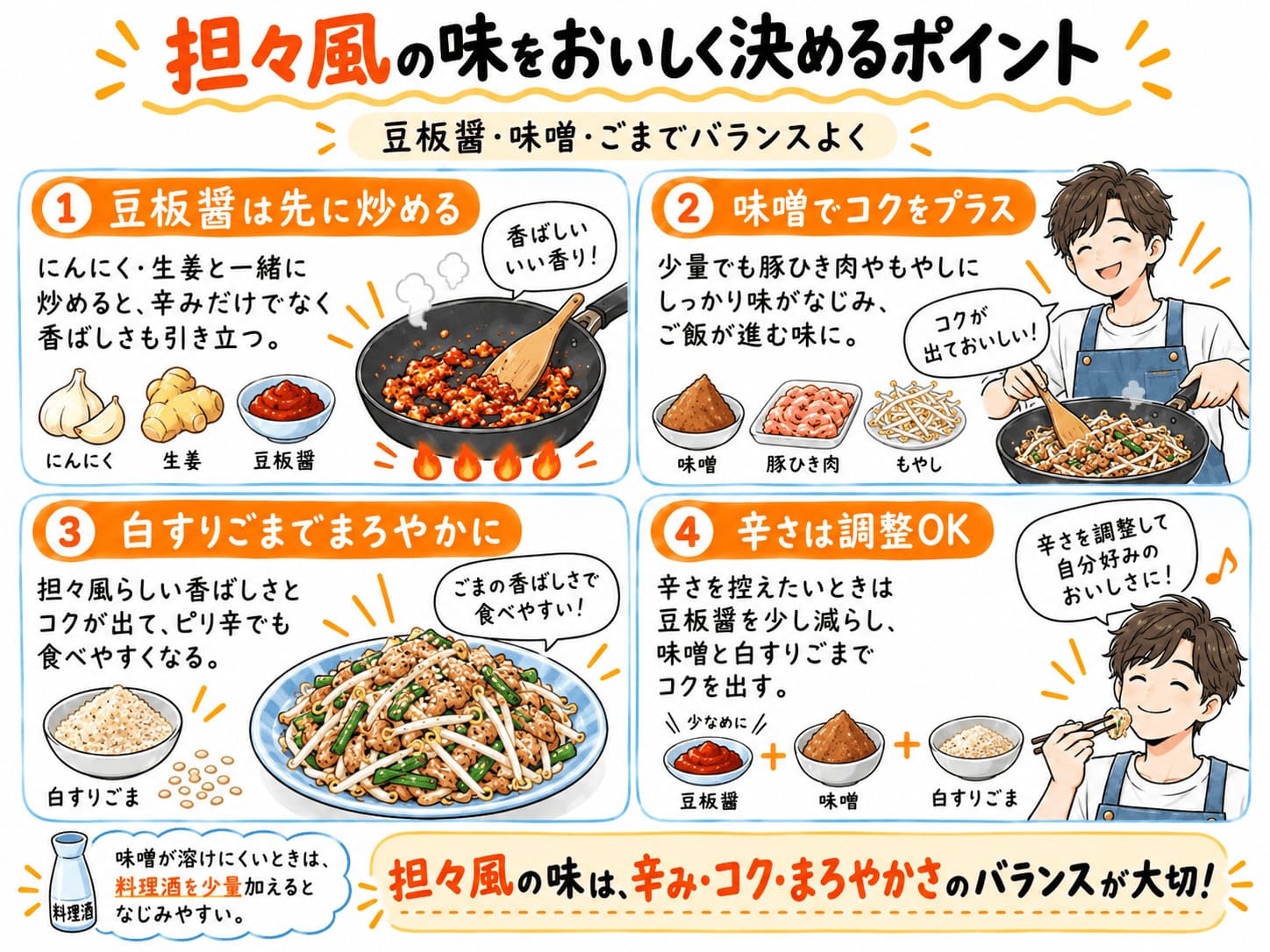 ニラもやしの担々炒めに使う豆板醤・味噌・白すりごまの味付け