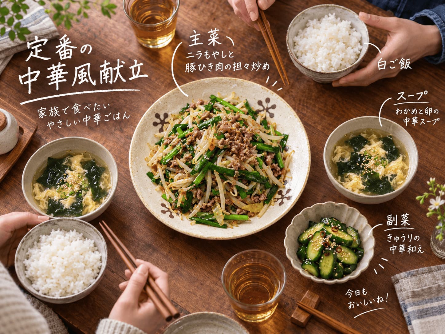 ニラもやしと豚ひき肉の担々炒めに白ご飯、中華スープ、副菜を合わせた献立