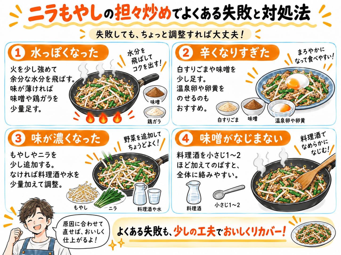 ニラもやしの担々炒めが水っぽい、辛すぎる、味が濃いときの対処法