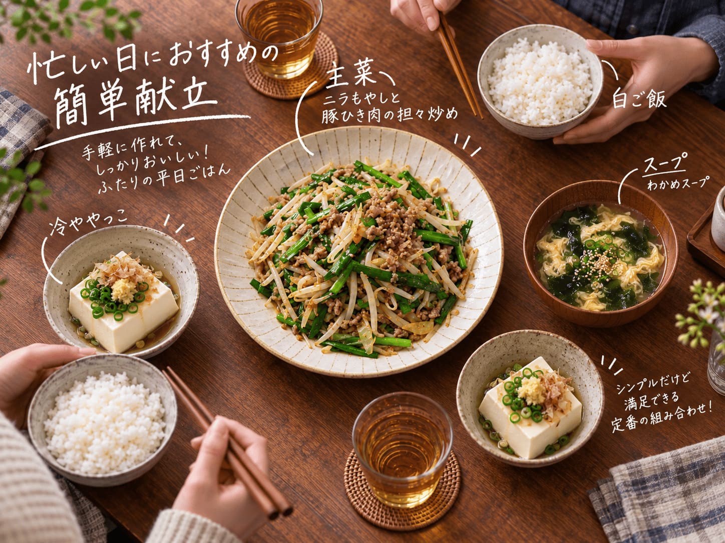 ニラもやしの担々炒めに白ご飯、冷ややっこ、わかめスープを合わせた簡単献立