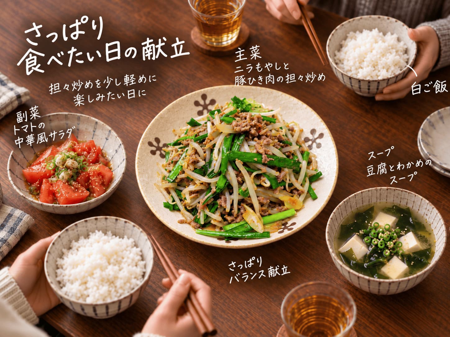 ニラもやしと豚ひき肉の担々炒めに白ご飯、トマトの中華風サラダ、豆腐とわかめのスープを合わせた献立