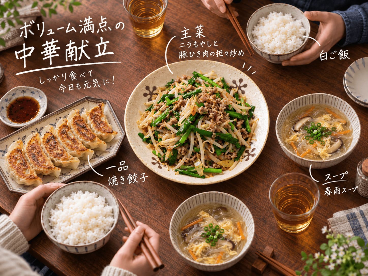 ニラもやしの担々炒めに焼き餃子、白ご飯、春雨スープを合わせた中華献立