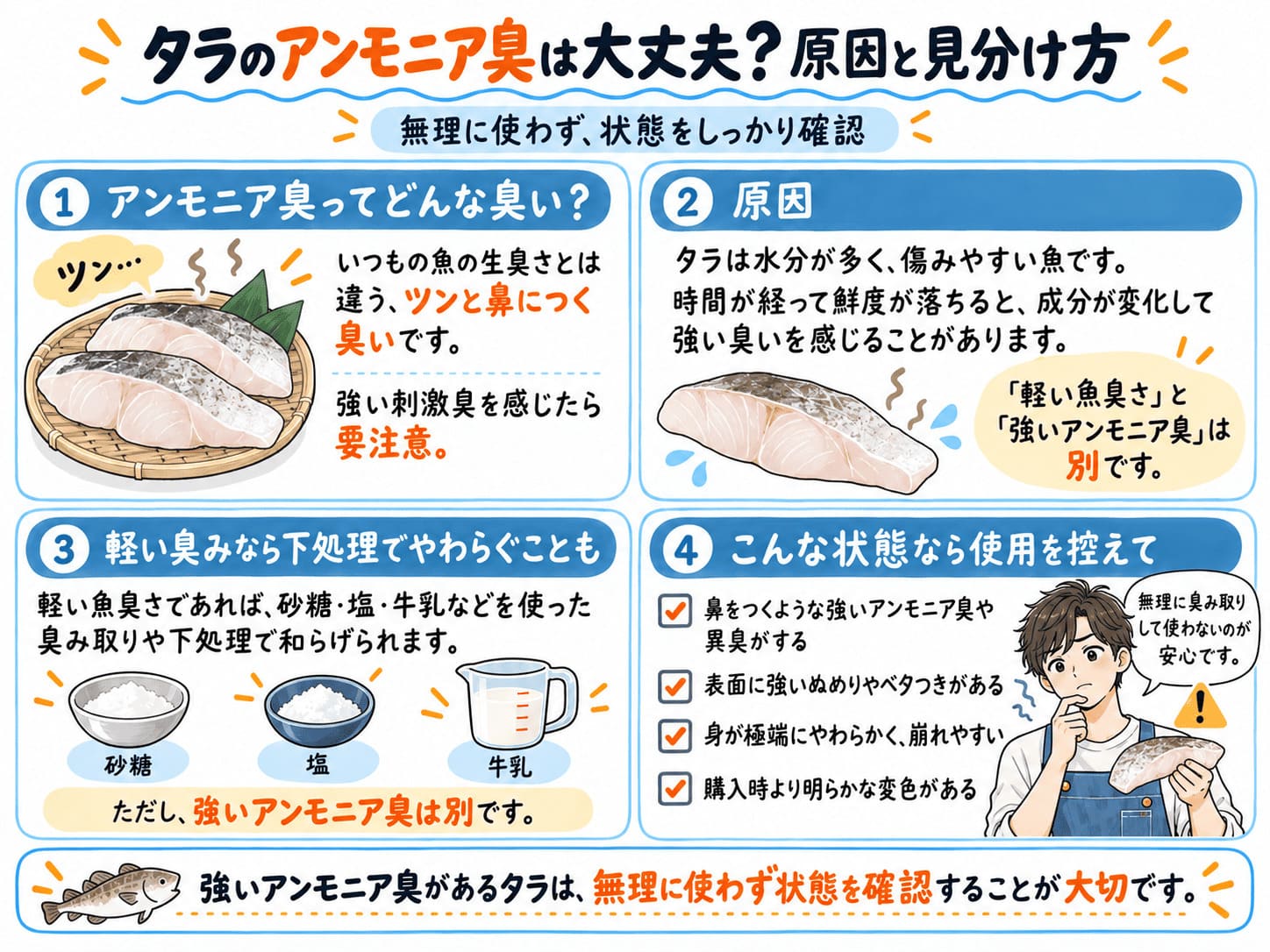 タラのアンモニア臭の原因と、強い臭い・ぬめり・身のやわらかさ・変色などの見分け方をまとめた図解