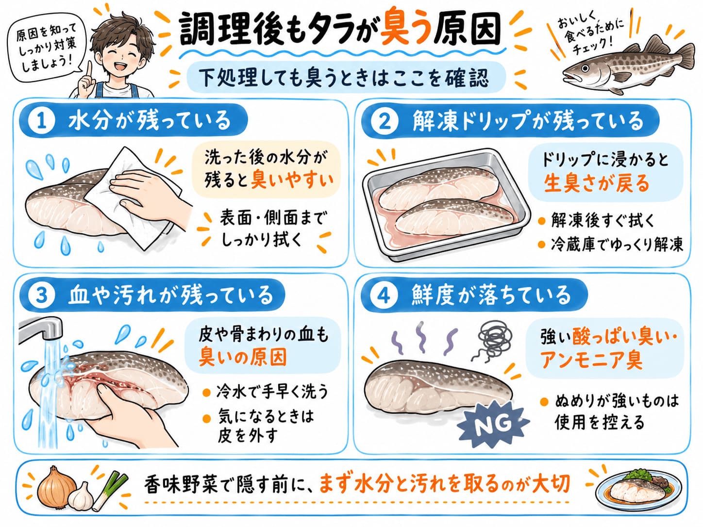タラが調理後も臭う原因として、水分・解凍ドリップ・血や汚れ・鮮度低下を説明した図解
