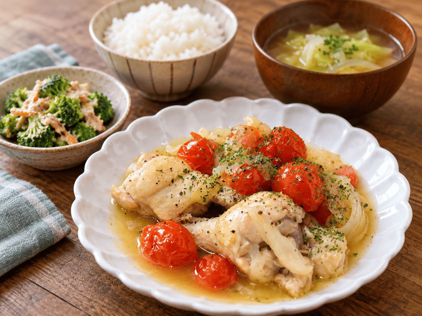 手羽元とミニトマトのコンソメ煮に白ご飯、スープ、ブロッコリーの副菜を合わせた献立