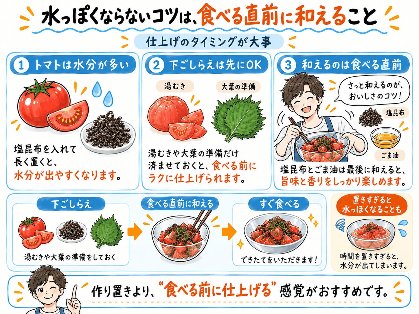 トマトの塩昆布和えを水っぽくしないため、塩昆布とごま油を食べる直前に和えるコツ