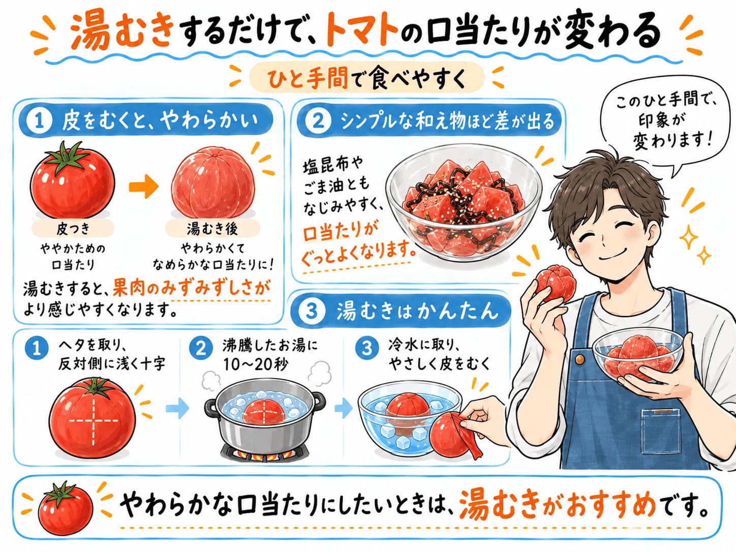 トマトの塩昆布和えを食べやすくするため、トマトを湯むきする手順とメリット