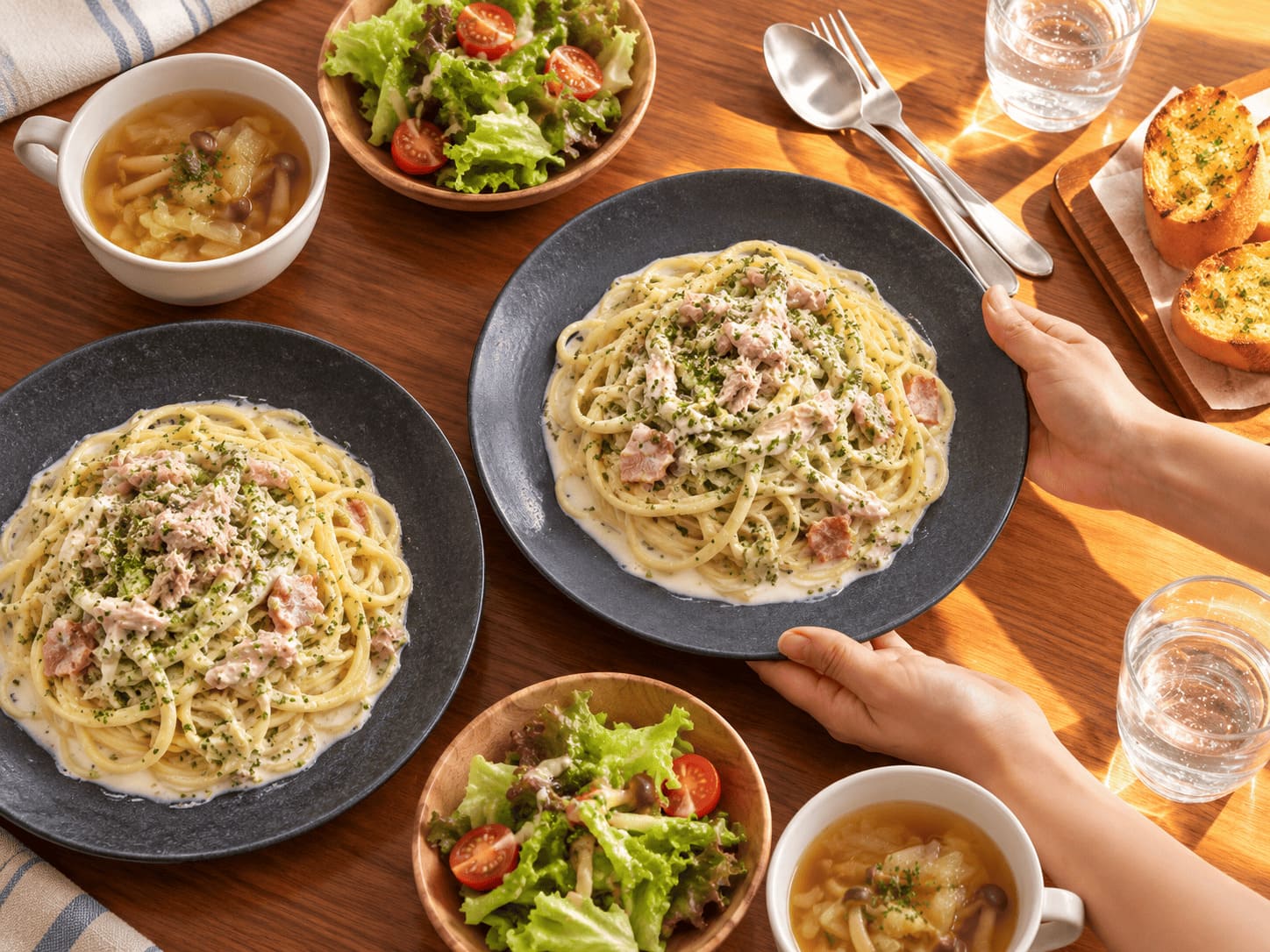 青のりとツナ・ベーコンの和風クリームパスタにサラダ、野菜スープ、ガーリックトーストを合わせた献立