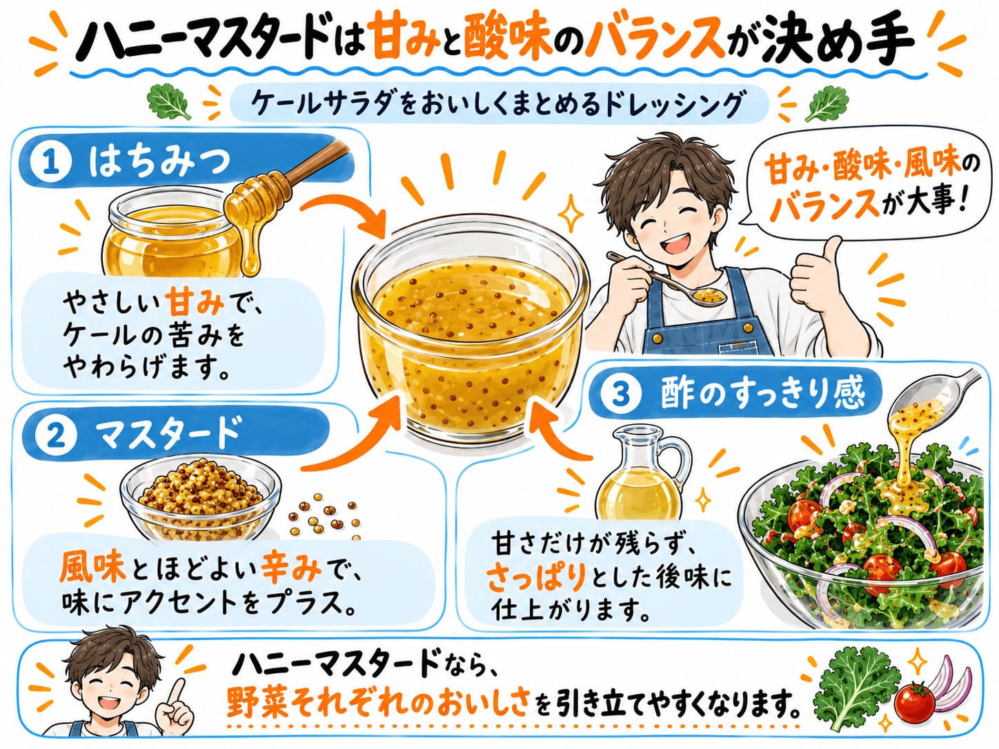 はちみつの甘み、マスタードの風味、酢の酸味を解説したイラスト