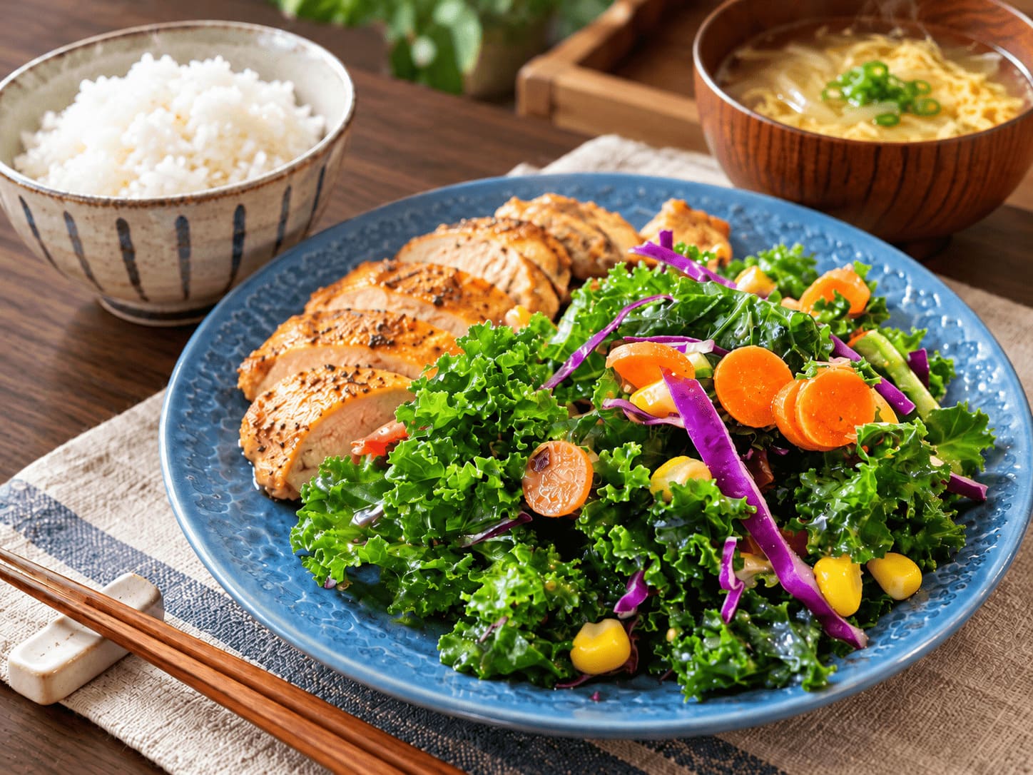 ケールサラダと鶏肉料理、白ご飯、卵入りスープを組み合わせた食卓イメージ
