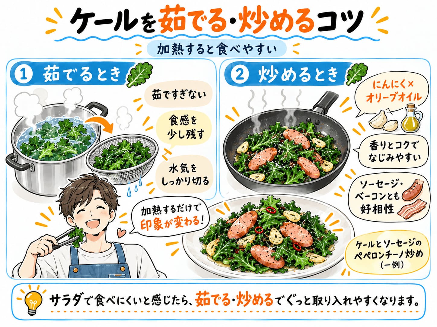 ケールを茹でる方法とニンニク・オリーブオイルで炒めるコツを解説した図