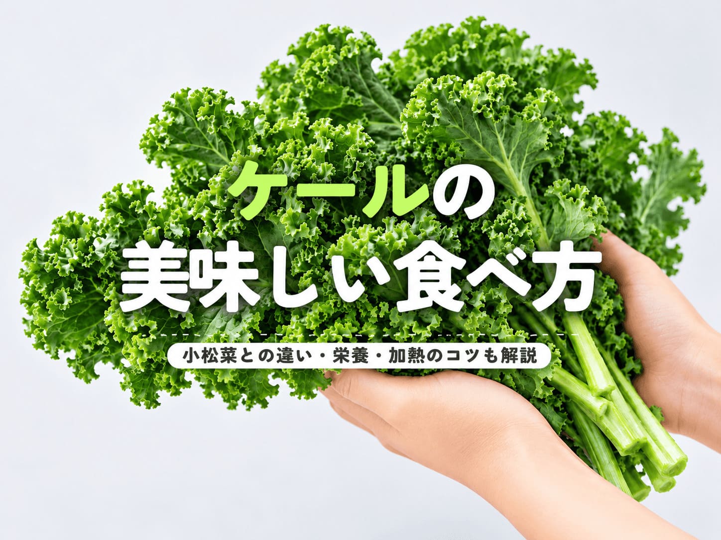 新鮮なカーリーケールを両手で持ち、ケールの美味しい食べ方を紹介している画像