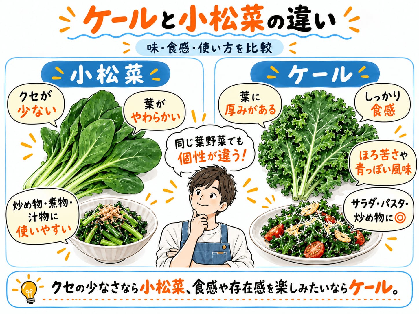 ケールと小松菜の味・食感・料理での使い方の違いを比較した図