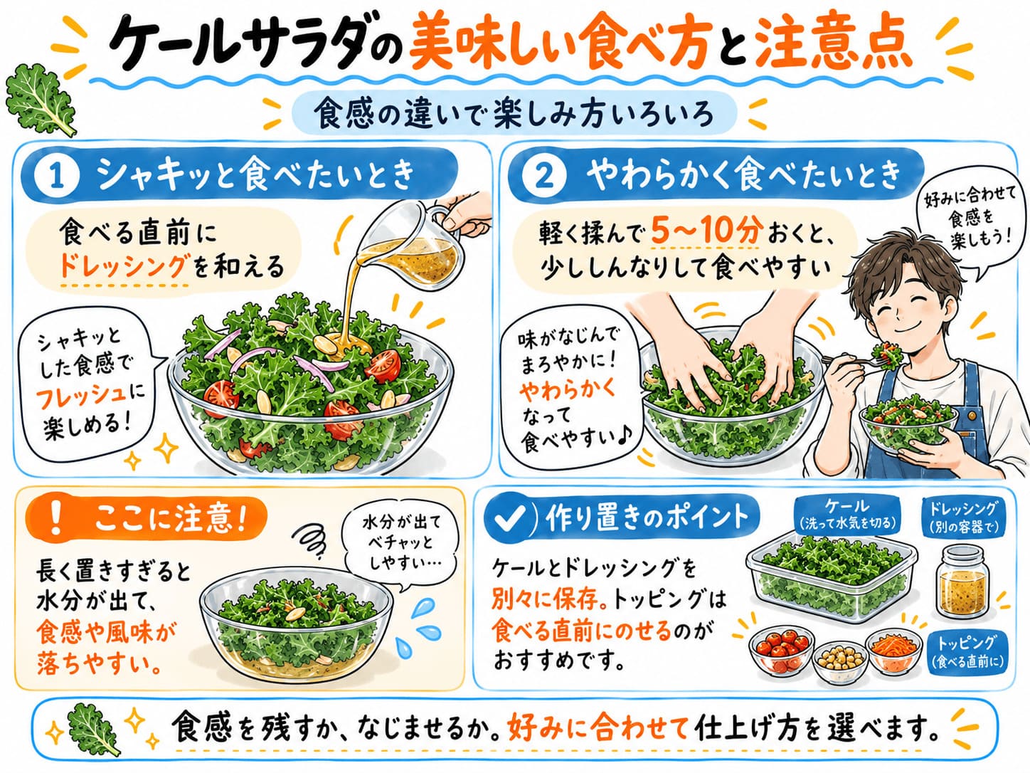 ケールサラダのドレッシングを和えるタイミングと作り置きの注意点を説明した図解