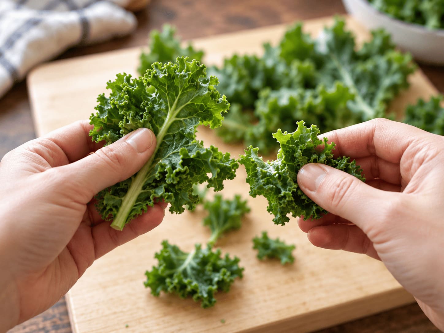 ケールの葉を手で食べやすい大きさにちぎって下ごしらえしている様子