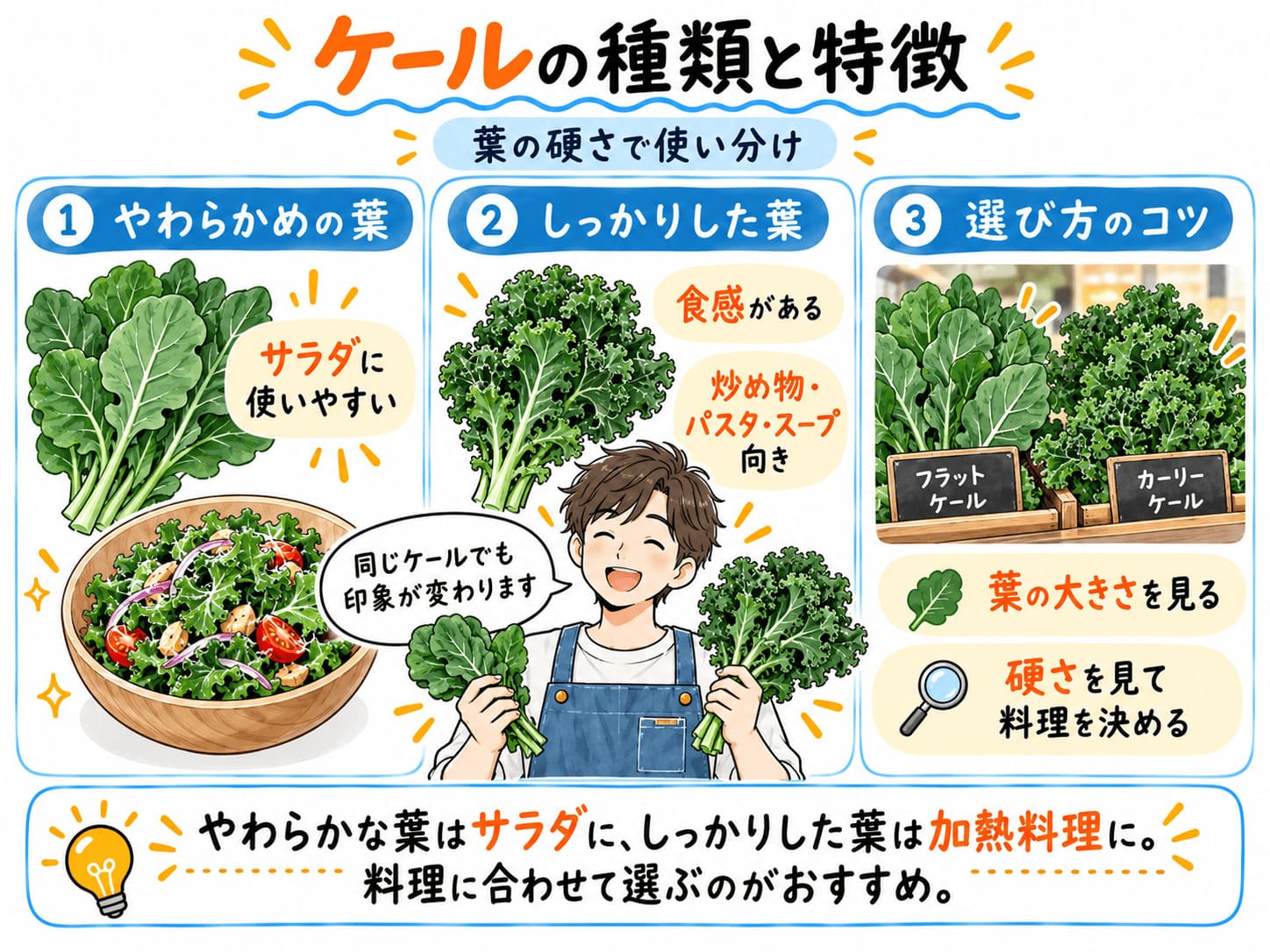 ケールの種類とサラダ・炒め物・パスタへの使い分けを解説した図